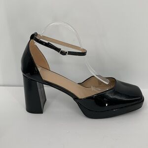 BP D'Orsay black patent pumps ankle strap chunky heel platform shoe Drag 14